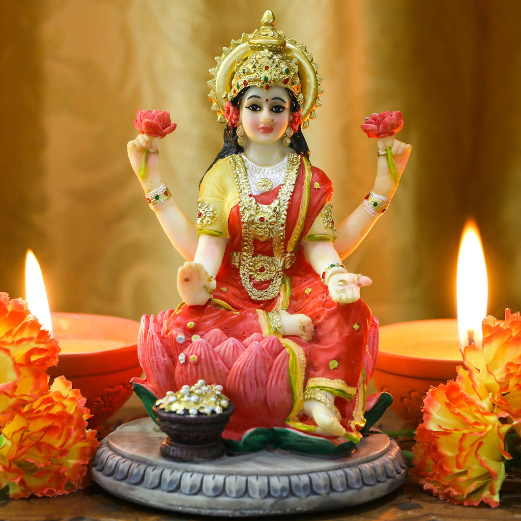 Indian Goddess Lakshmi Statue Figurine - 5.3"H Lakshmi Idols Statue Murti Laxmi Staue Home Office Temple Mandir Pooja