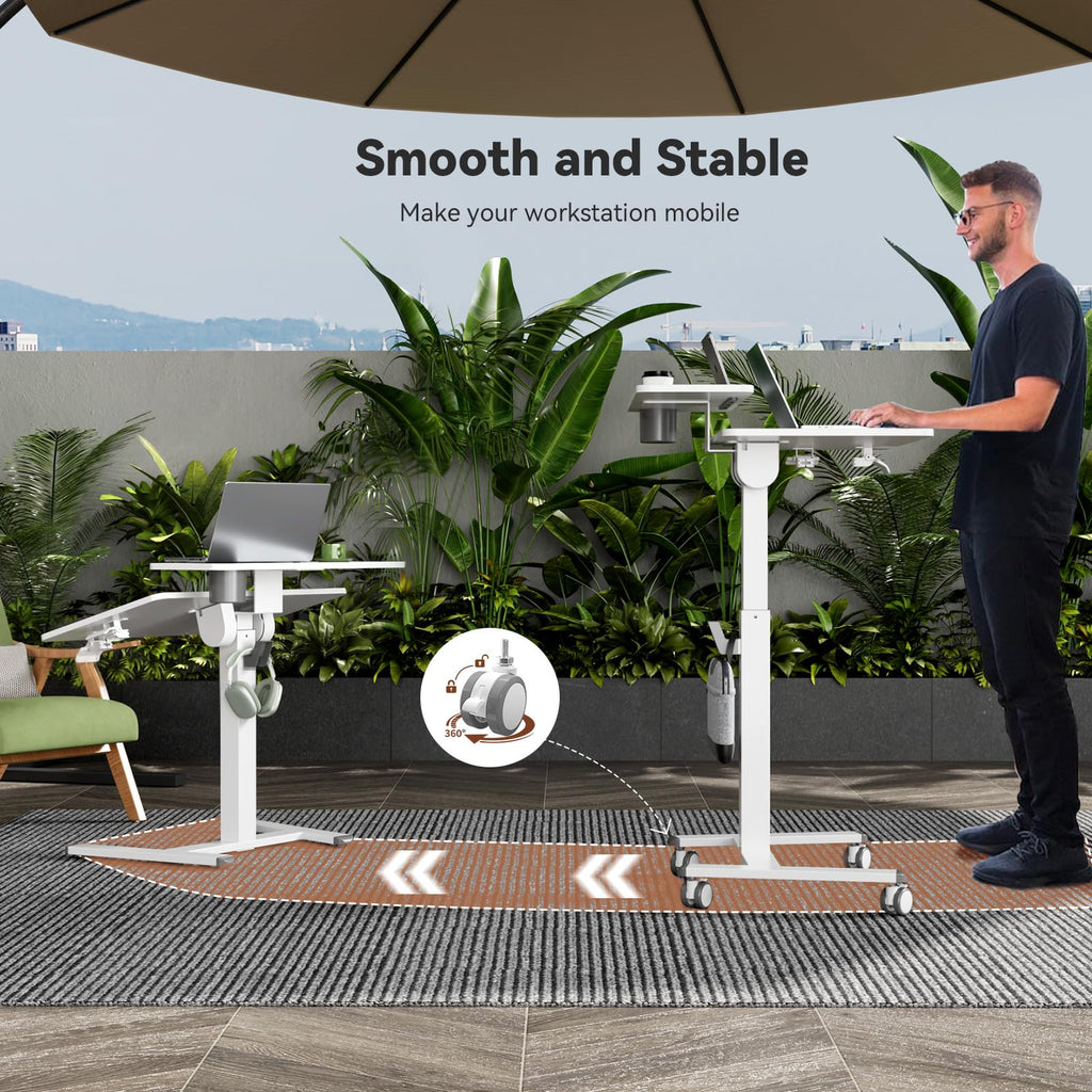 28" Mobile Standing Desk, Tiltable Top with 2-Tier Shelves, White