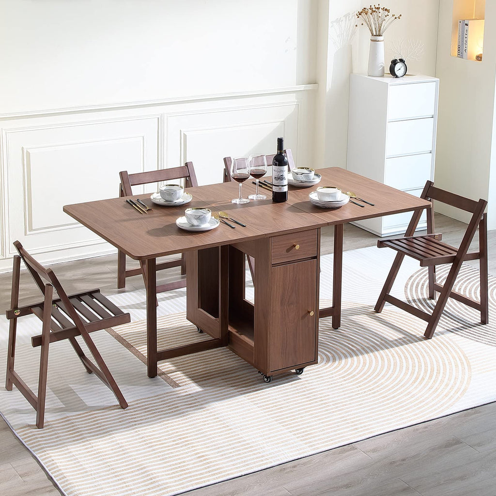 Drop Leaf Folding Dining Table with Storage, Wheels, Space Saving