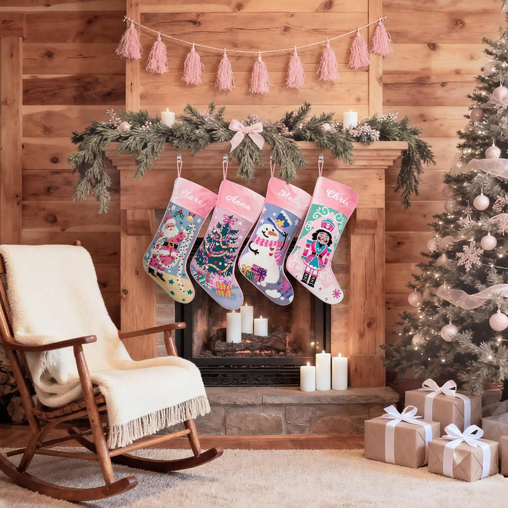 Needlepoint Christmas Stockings Personalized Snowman Santa Nutcracker Christmas Tree Embroidered Family Stockings