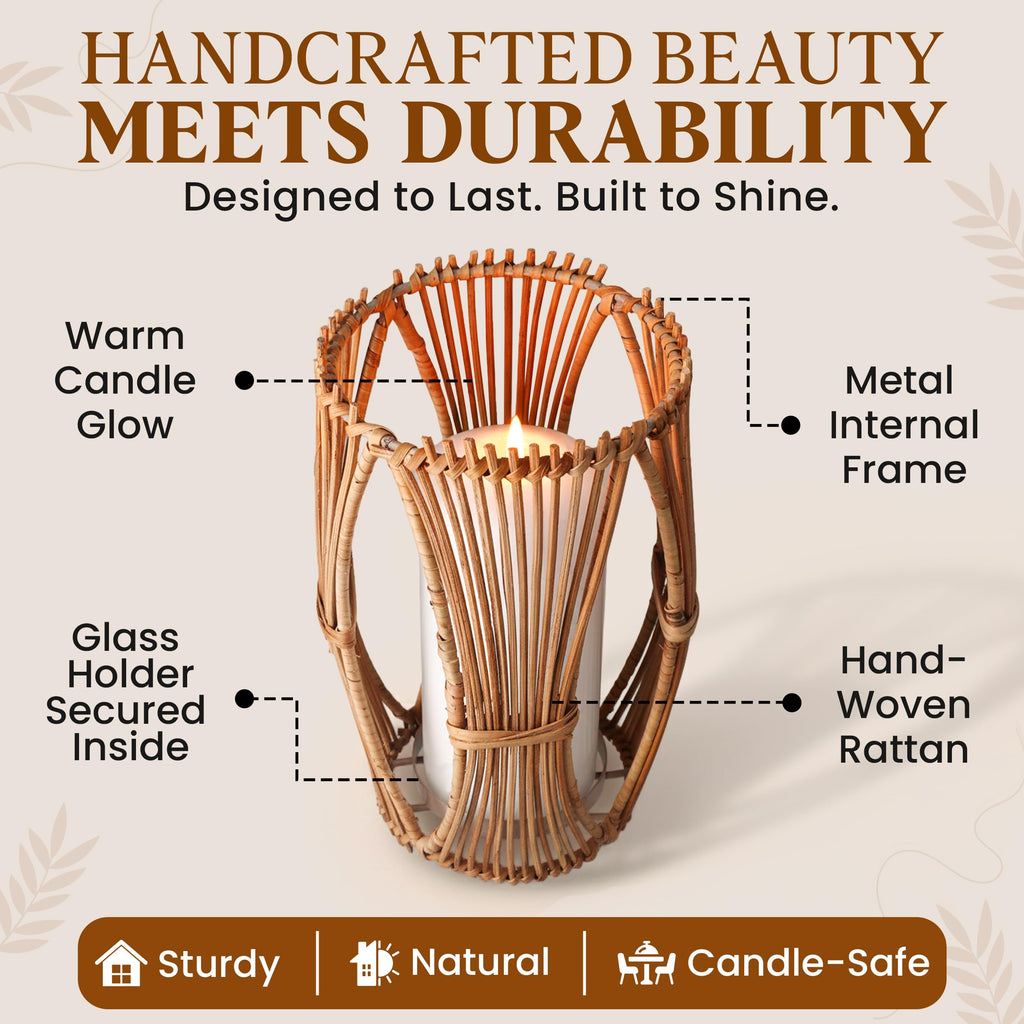 Handmade Boho Rattan Lantern - Rattan Lantern with Metal Frame for Indoor and Outdoor Home Decor, Decorative