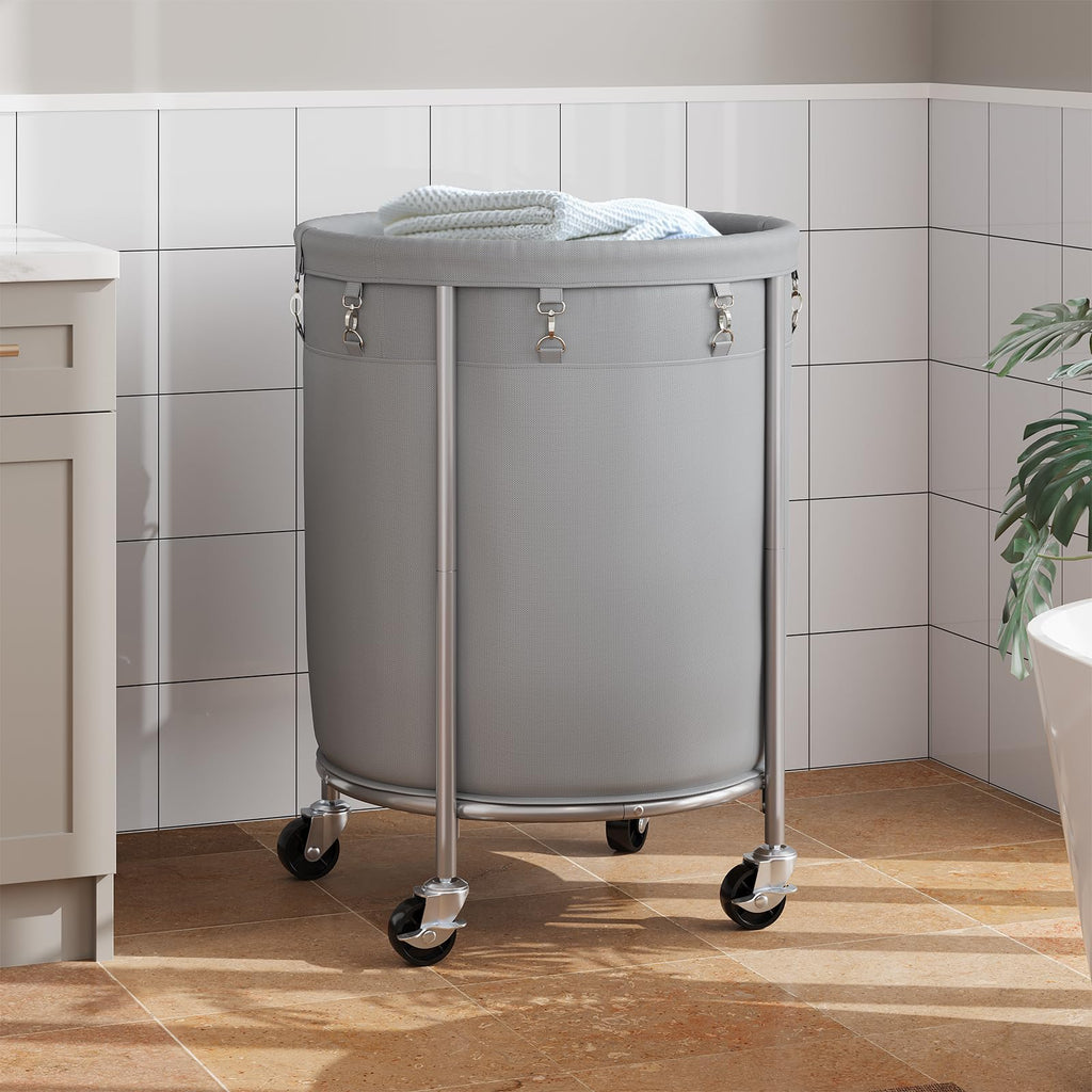 Laundry Basket with Wheels, Round Rolling Laundry Hamper, Gray