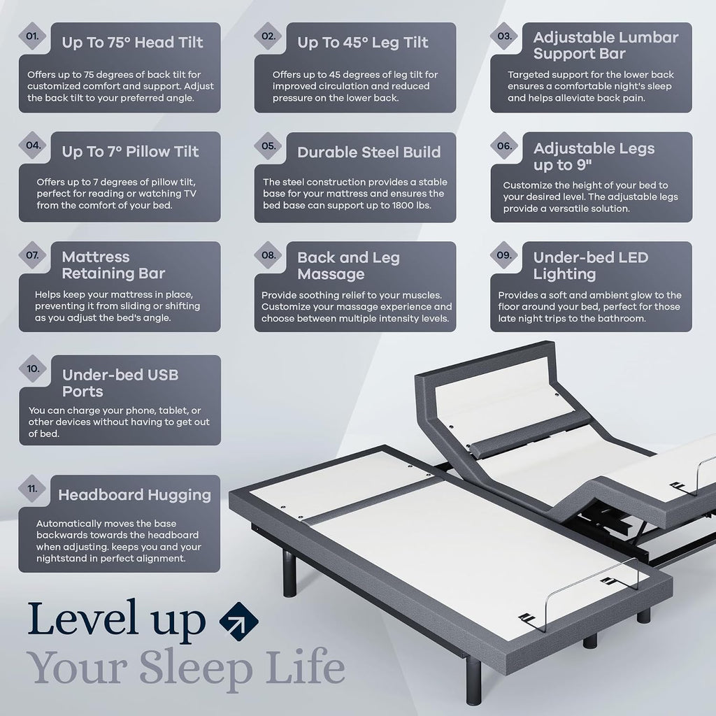 Platinum Adjustable Bed Base Frame Only, Head and Foot Lift, Lumbar Support, Head-Pillow-Tilt, Massage, Under-Bed - Set of 2