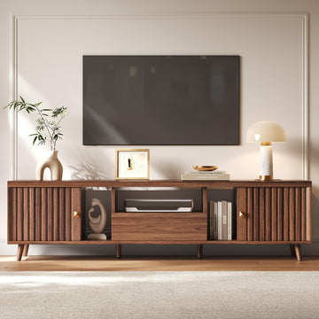 70" Mid Century Modern TV Stand with Power Outlet, Fluted Wood Entertainment Center Media Console with Storage, Doors