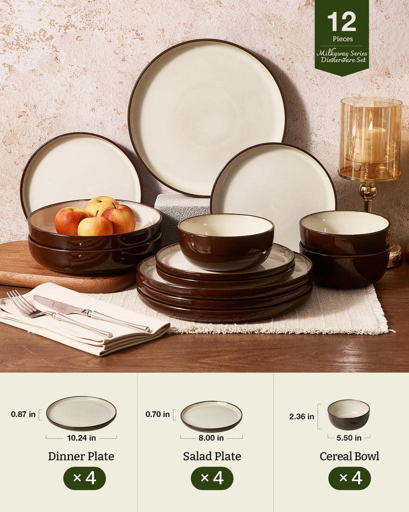 Milkyway 12-Piece Stoneware Dinnerware Set, Light khaki & Cocoa
