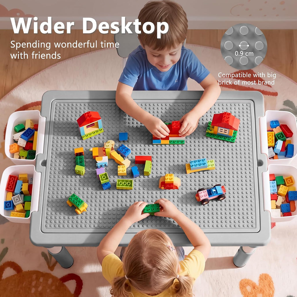 Kids Table & 2 Chairs Set, Adjustable Heights, Storage, Grey