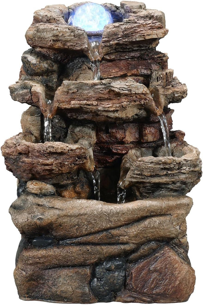 Tabletop Waterfall Fountain with Glass Ball and Color Changing LED - Indoor Decorative Waterfall, Resin Natural