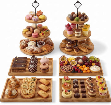 Wooden Dessert Table Display Set, 3 Tier Cupcake Stand Set with Serving Trays, Rustic Dessert Display Stand - Set of 6