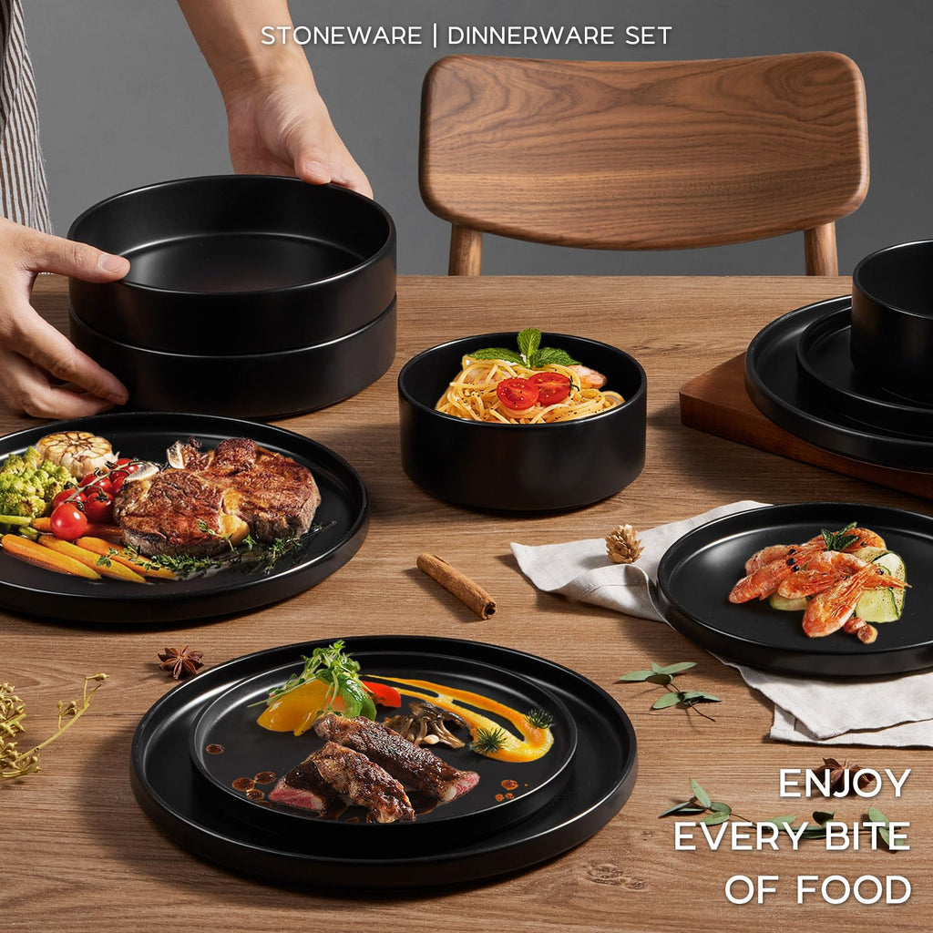 Stoneware Dinnerware Set with Pasta Bowl, 24Pcs Black Dish Set for 6