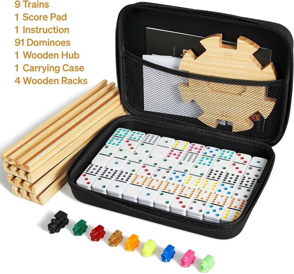 Mexican Train Double 12 Dominoes Set with 4 Wooden Trays/Racks in Portable Carrying Case Colorful 91 Tiles & 9 Trains