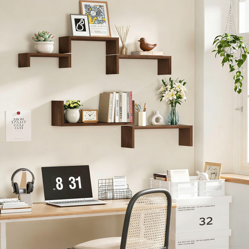 Dark Walnut Floating Shelves, 5-Piece Set Wood Wall Storage Unit