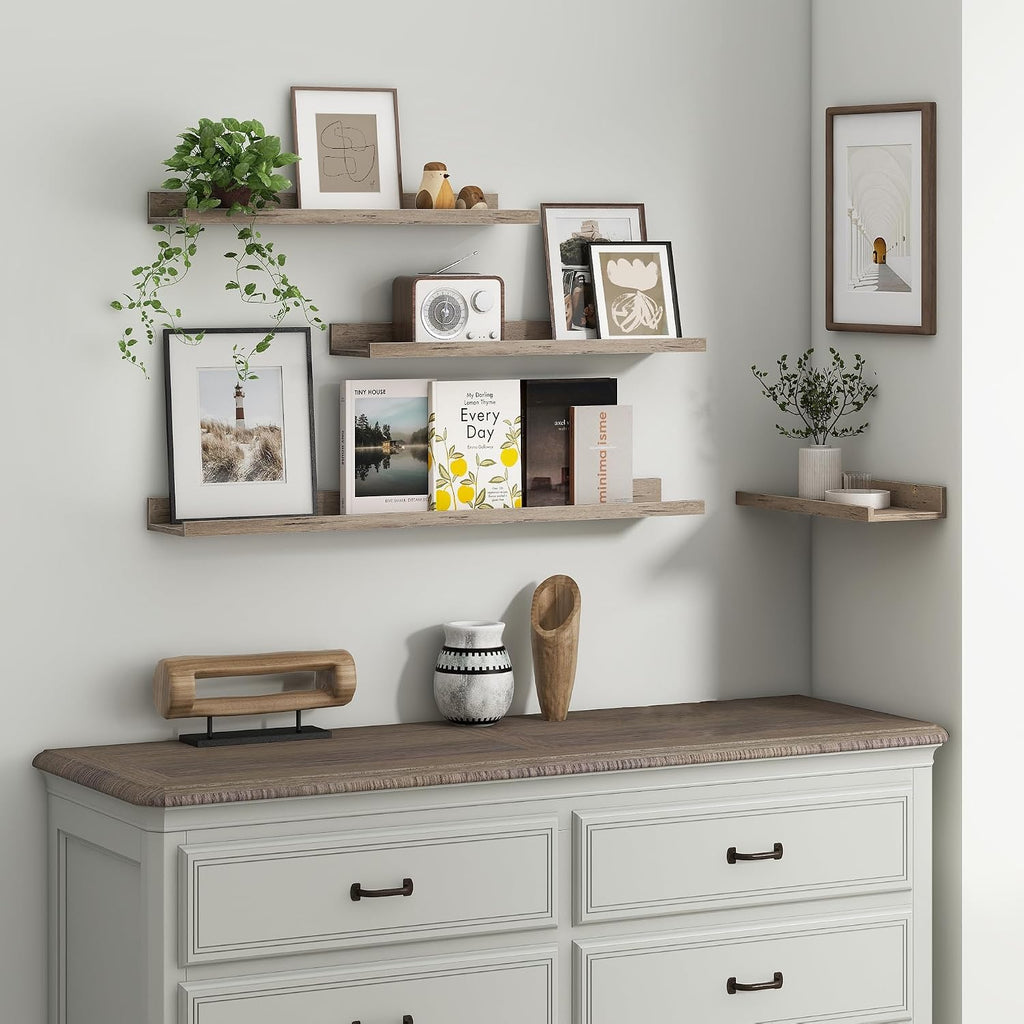 Picture Ledge Shelf, 48 Inch Grey Floating Shelves Set of 3 | Wall Shelves with Lip, Rustic Grey Wood Picture Shelf