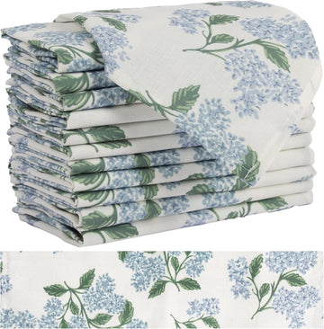 Sage Green Hydrangea Cloth Napkins Set of 12,Blue and White Vintage Floral Dinner Napkins Natural Linen Cotton