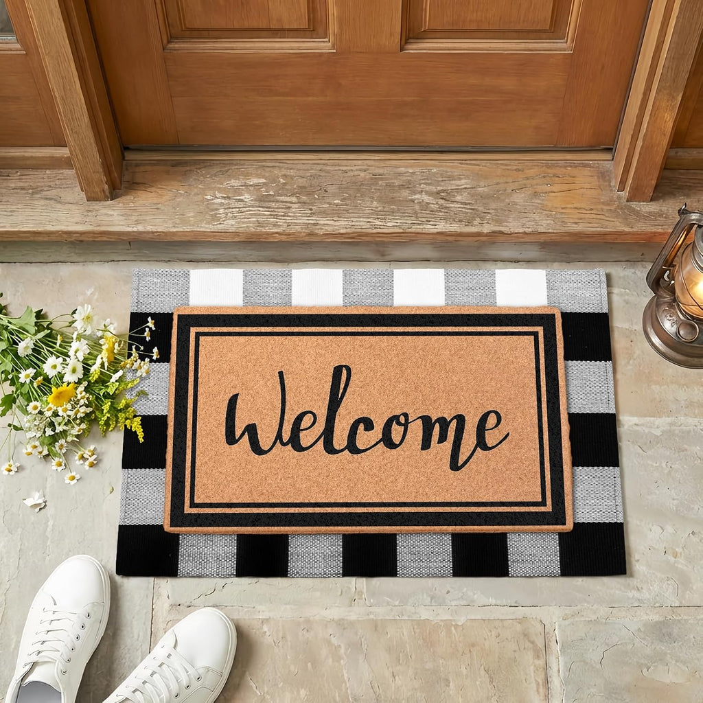 2-Piece Layered Welcome Mat Set - Coir Doormat & Buffalo Plaid Rug | Brown Coir Doormat & Black White Buffalo Plaid