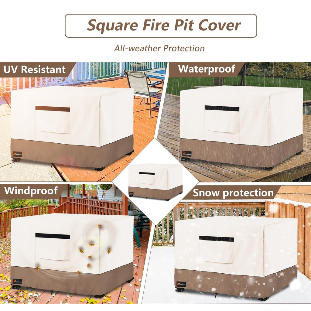 Fire Pit Cover Square, Outdoor Heavy Duty Durable 600D 100% Waterproof Tear-Resistant 30-32 Inch Fire Pit Cover
