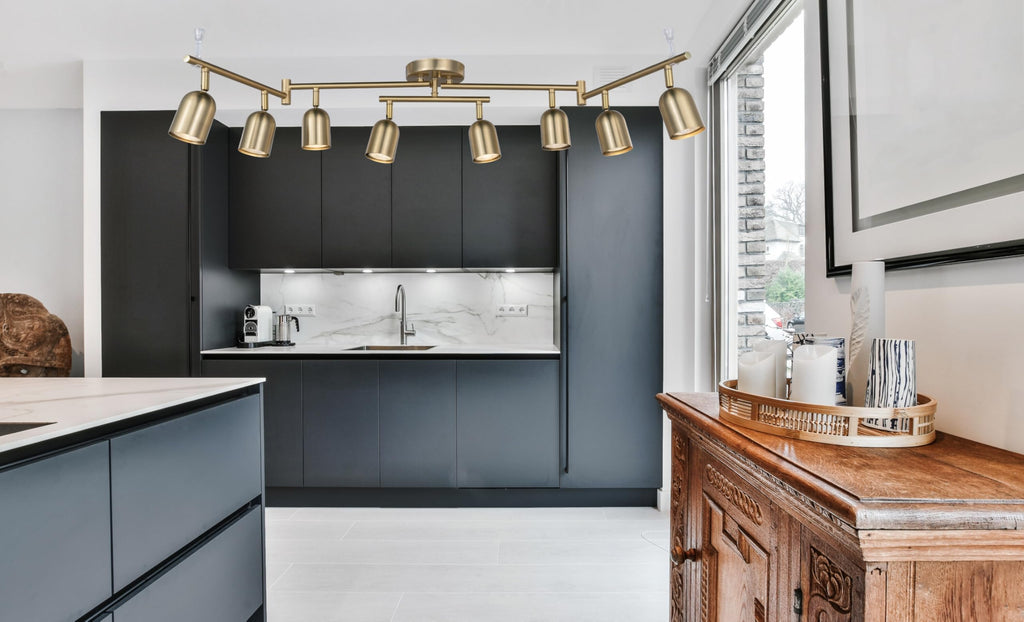 8 Light Modern Track Lighting Fixtures, Matte Brass Center Rotatable Bar Ceiling Spotlight, Foldable Arms Track