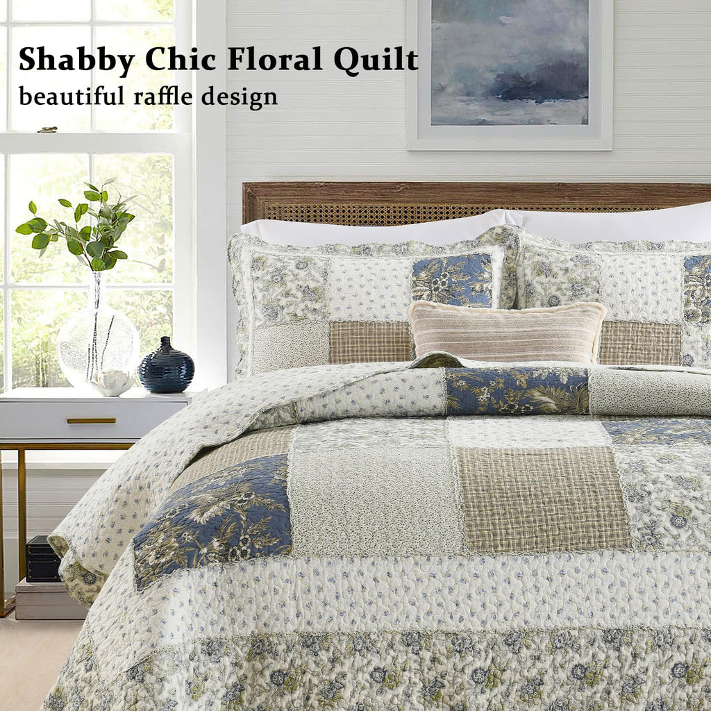 Quilt Set Reversible Country Farmhouse Floral Real Patchwork Quilted Bedspread 3-Piece Quilt Set with