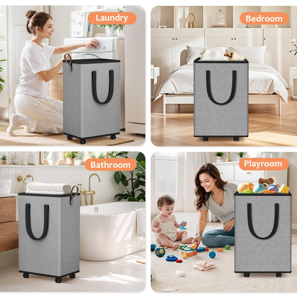 Rolling Laundry Basket with Wheels, Laundry Hamper, 100L, Grey