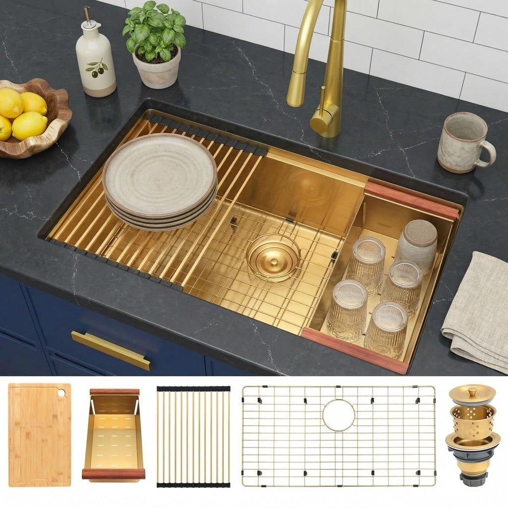 Gold Undermount Kitchen Sink, 32" x 19" x 10", 16 Gauge T304 Stainless Steel Workstation Sink, Deep Single Bowl
