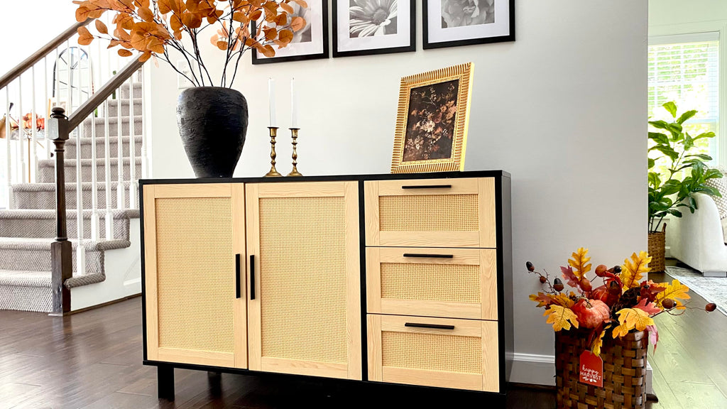 Black Rattan Cabinet with Doors, Buffet Sideboard Cabinet with Drawers, 2 Door Storage Cabinets