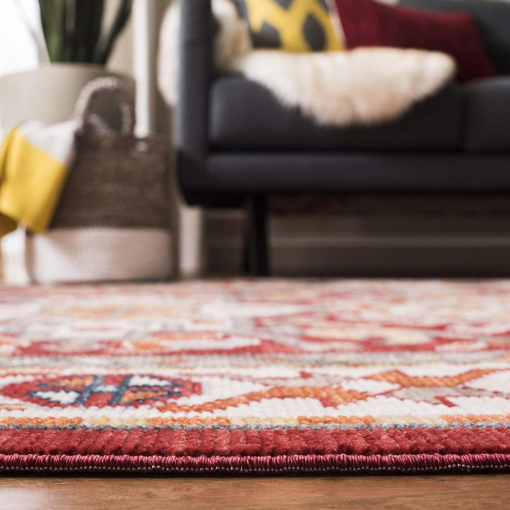 Area Rug - Farmhouse Collection - Large - Ivory & Red, Oriental Tribal Tassel Design, Non-Shedding & Easy