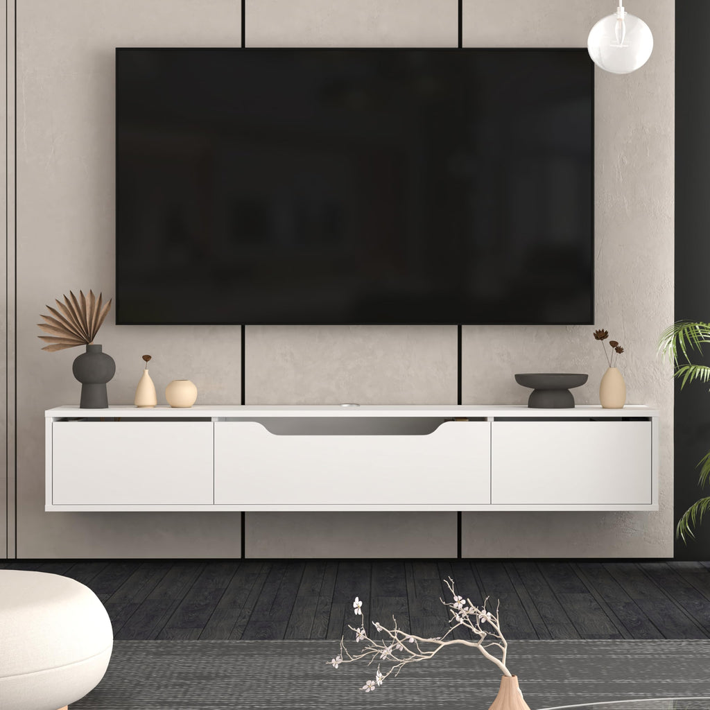 Floating TV Stand for Up to 80 Inch TVs - Wall Mounted Media Console with Handle-Free Doors - Modern Entertainment