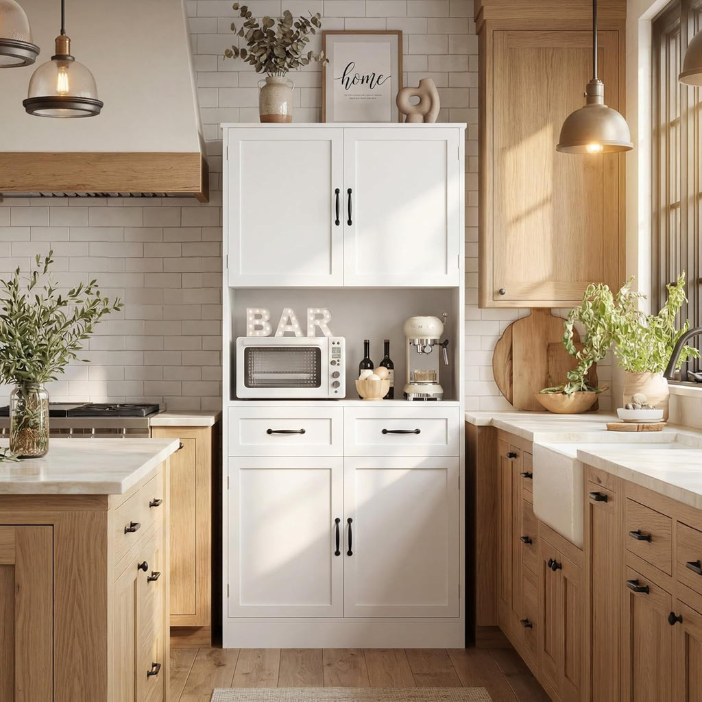 71" Tall Kitchen Pantry Storage Cabinet, Wood Kitchen Hutch, White | Modern Pantry Cabinet with Microwave Stand