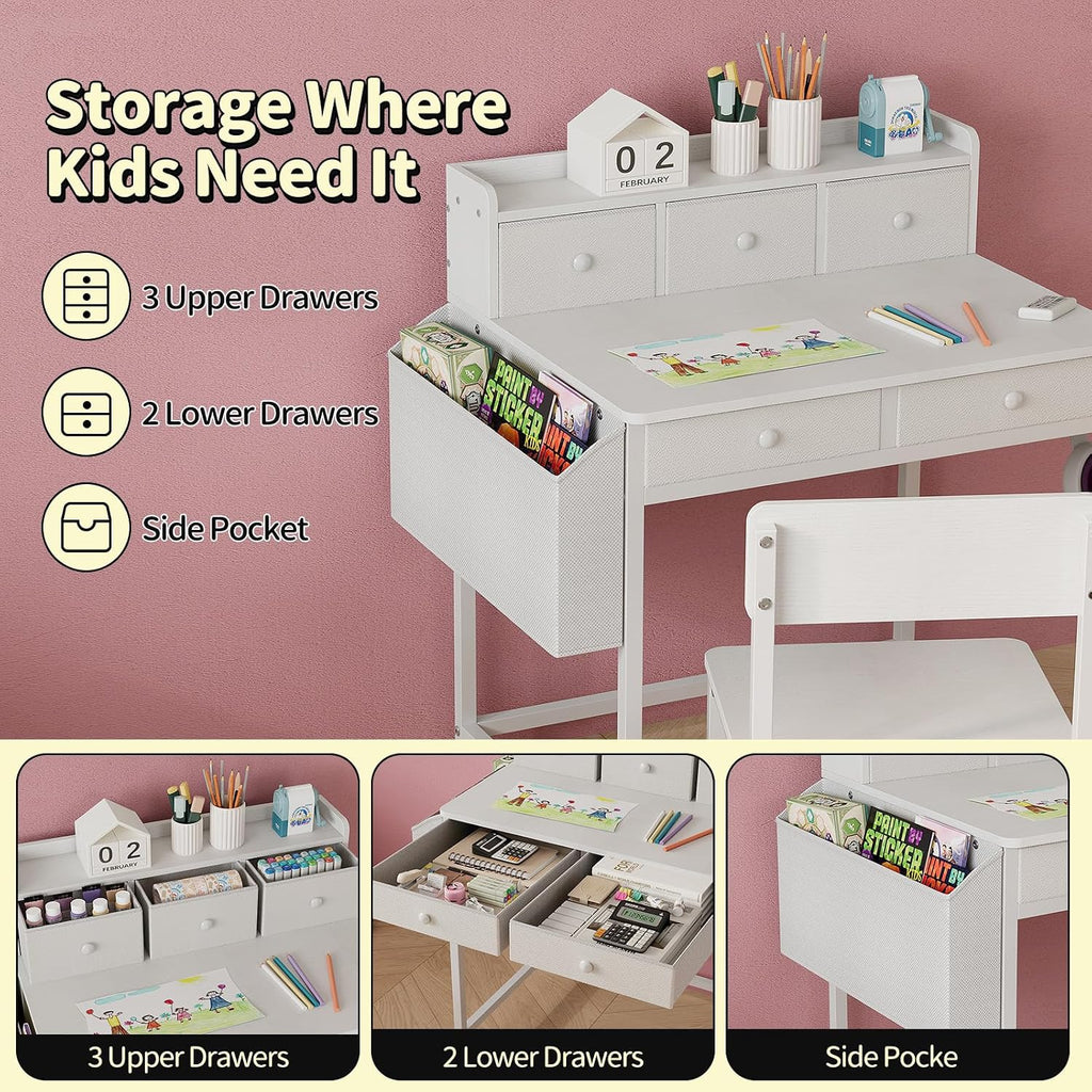 Kids Desk and Chair Set with 5 Fabrics Drawers, Ages 5-8, White