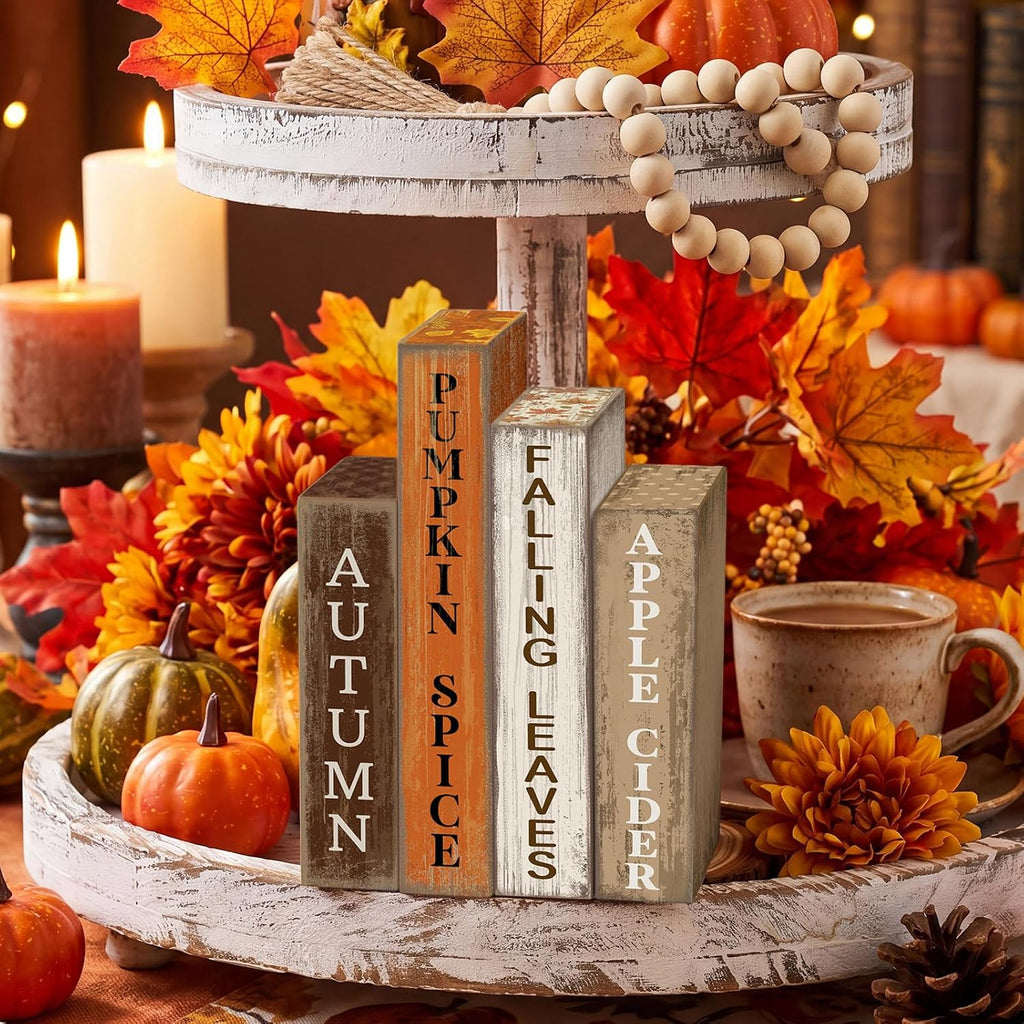 Fall Table Decoration Wooden Book Sign,Pumpkin - Set of 4