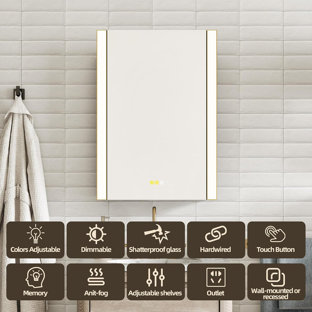 LED Medicine Cabinet with Light, 24x36 in, Gold Frame, Defogging, Adjustable Glass Shelves, Outlet and USB (24x36in)