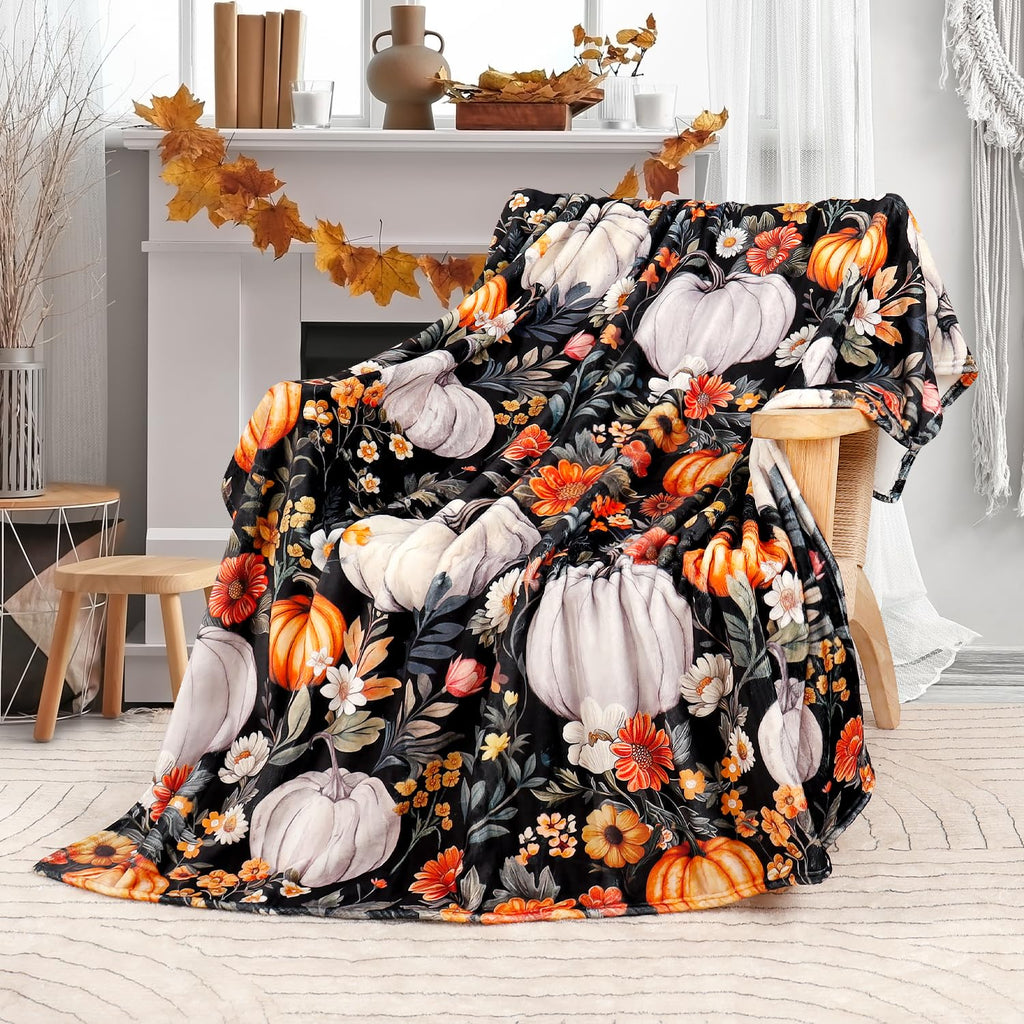 Fall Pumpkin Blanket Soft Autumn Harvest Throw Blankets Vintage Floral Throw Watercolor Flannel Fleece Bed Cover Warm