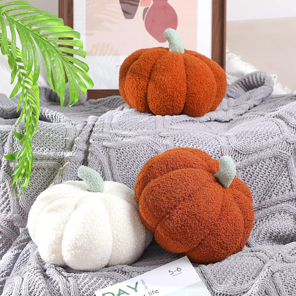 3D Pumpkin Pillow Fall Decor Cushions,White, Brown - Set of 2