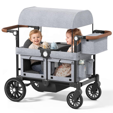 Folding Wagon Stroller for 2 Kids, Shock-Absorbing Wheel, Gray