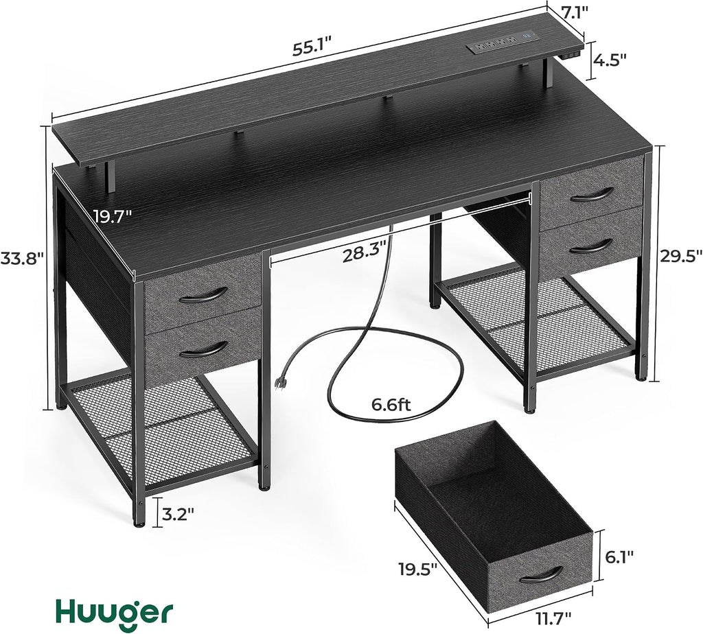 55 inch Computer Desk with Power Outlets & 4 Drawers | Gaming Desk with LED Lights, Home Office Desk with Large