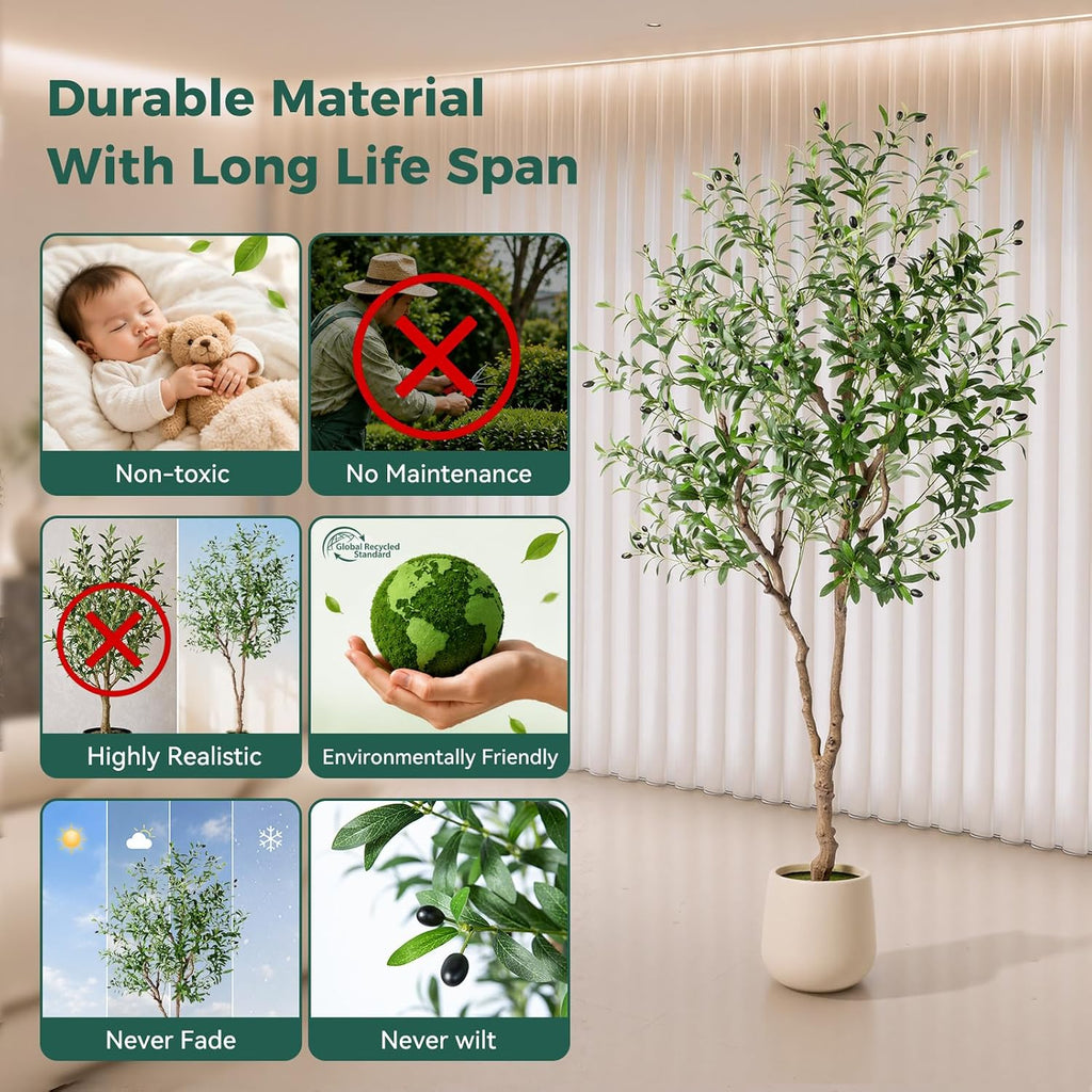 6FT Faux Olive Tree with Decorative Planter, Olive Trees Artificial Indoor with Textured Trunk, Silk Leaves and Olive