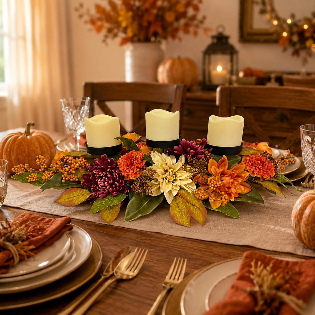 25 Inch Fall 3 Candle Holder Centerpiece with Dahlias and Mums