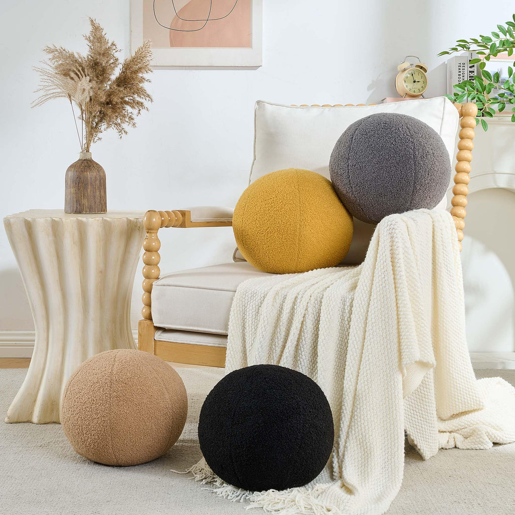 Ball Pillow, Round Sphere Decorative Throw Pillow Boucle 11.8" Grey