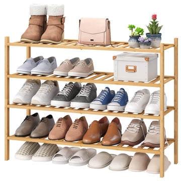 Shoe Rack, 4-Tier Long Shoe Rack, Bamboo Wood Shoe Shelf for Closet & Hallway, Long 33IN | Beautiful | Functional