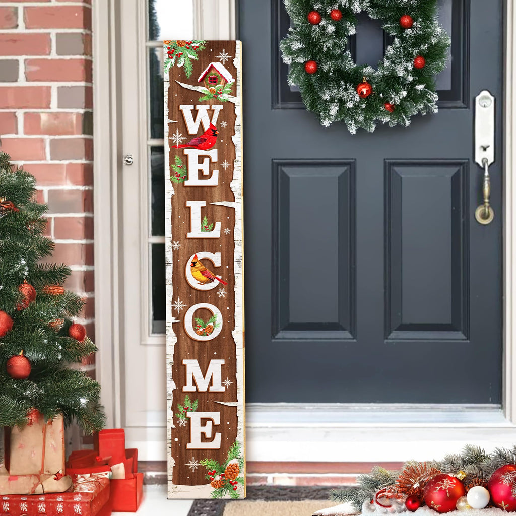 Winter Snow Welcome Porch Sign Decor Birch Tree with Cardinals Wooden Hanging Sign Standing Decorative Signs Plaques