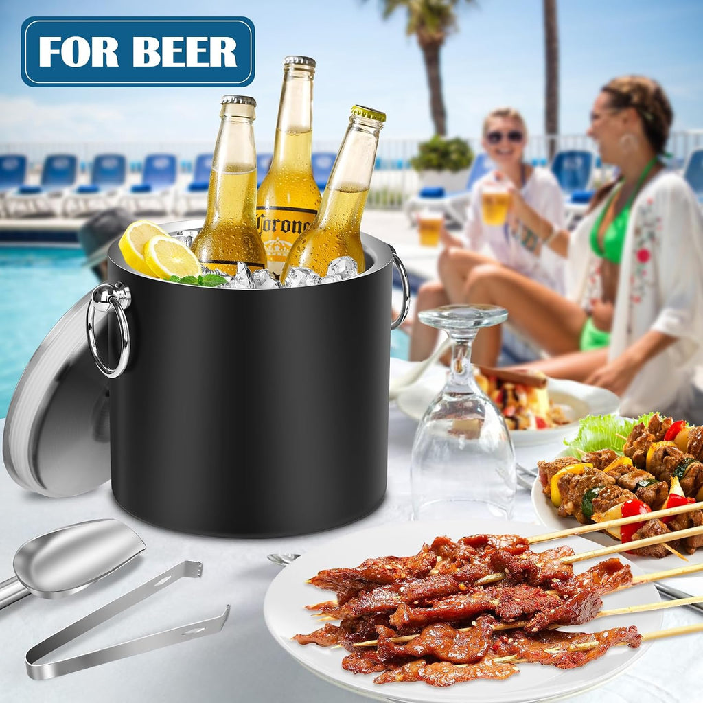 Ice Bucket with Lid & Tong- Well Made Insulated Stainless Steel Keep Ice Frozen Longer