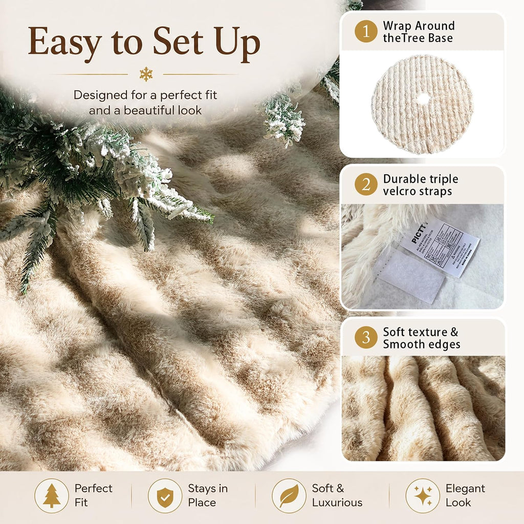 Christmas Tree Skirt 48 Inch, Light Khaki Faux Fur Christmas Tree Skirts Decorations, Rustic Neutral Soft Plush Xmas