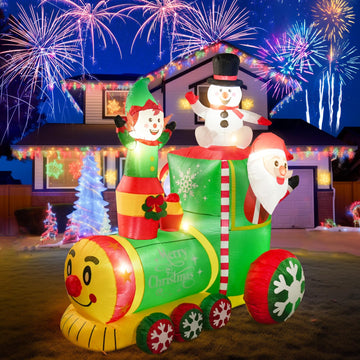 6FT Train Inflatable Christmas Decorations Outdoor with LED Lights, Inflatable Santa Claus Train with Elf and