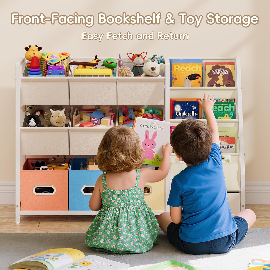 Toy Storage Organizer - Kids Bookshelf with 3 Shelf and 10 Storage Bins | Montessori Playroom Storage for Toddler