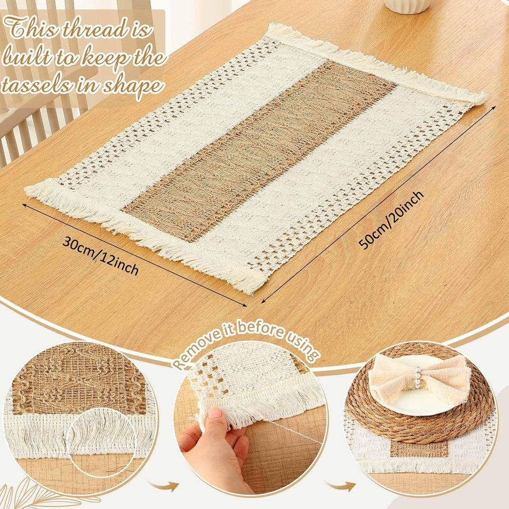 Sets Boho Placemats, Rattan Burlap Mats, Pearl Napkin Rings - Set of 6