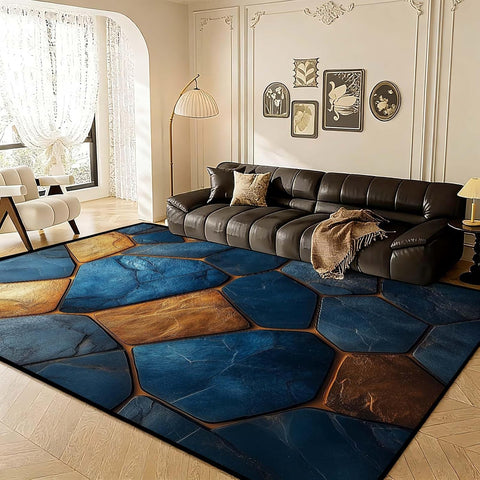 Marble Tiles Rug, Stone Tile Area Rug, Blue and Gold Geometry Marble Rugs