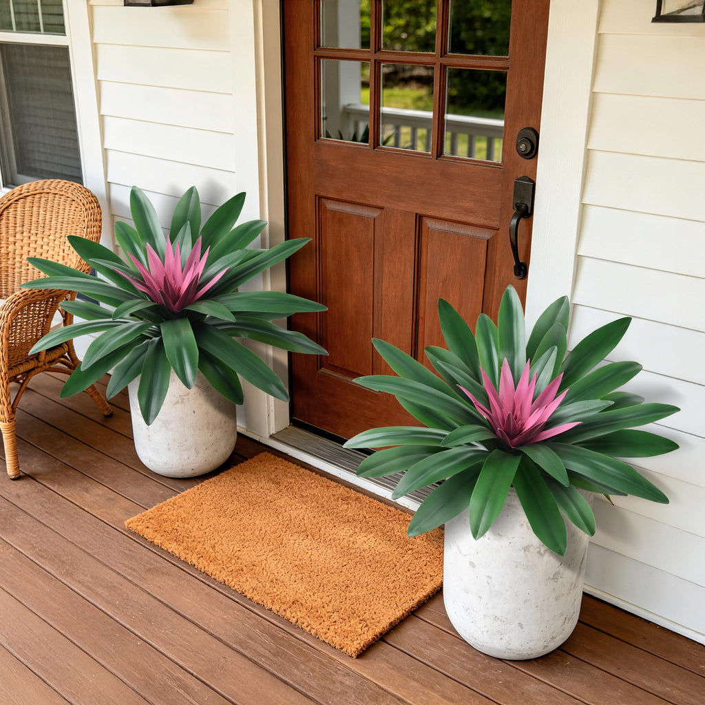 Fake Plants, 2 Pcs 21.7 Inch Bromeliads Large Artificial Plants Outdoor Faux Plants UV Resistant Realistic Tropical