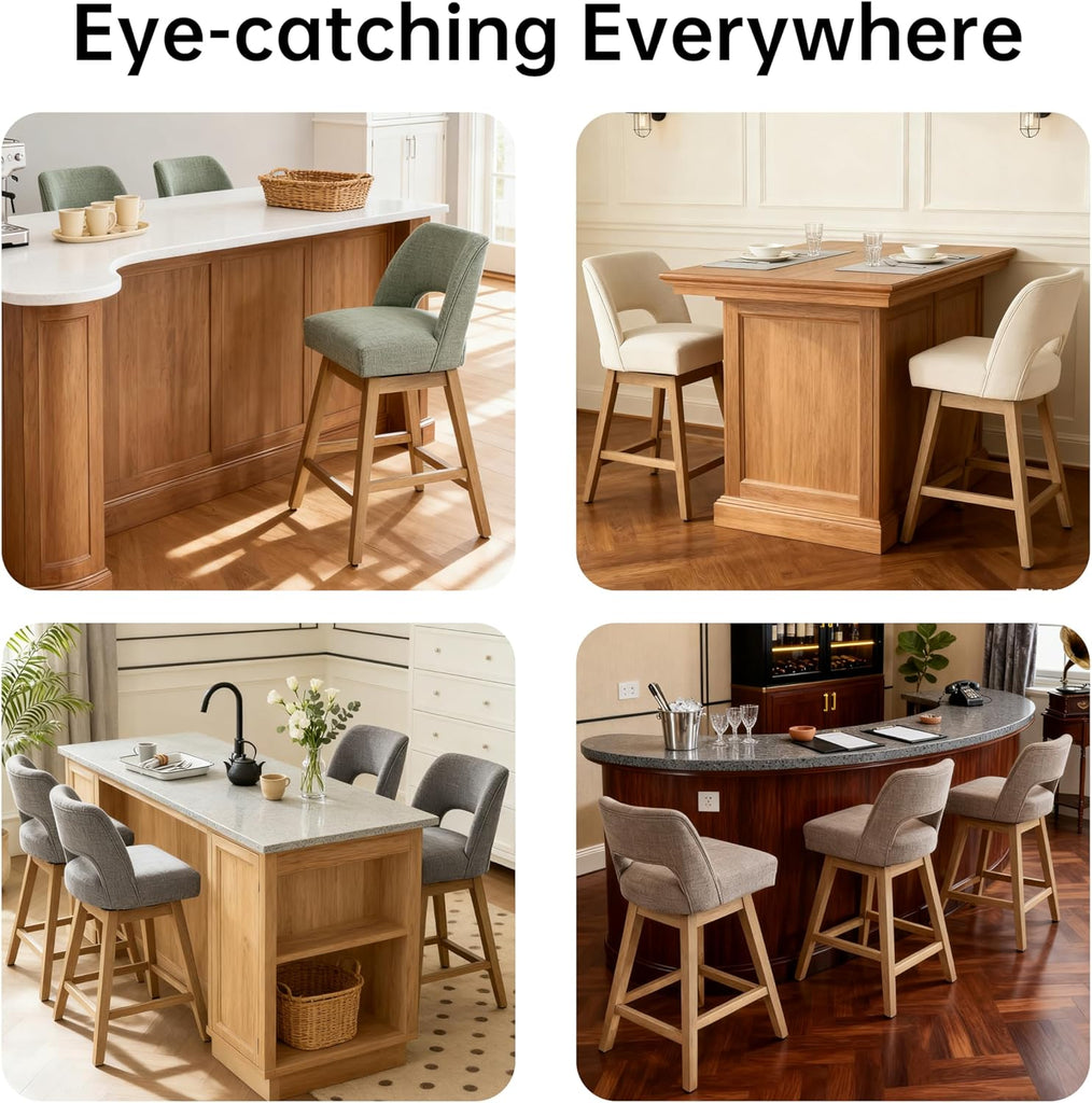 27" Swivel Bar Stools Set of 4, Upholstered Counter Height Bar Stools with Backrest and Rubberwood Legs, Fabric