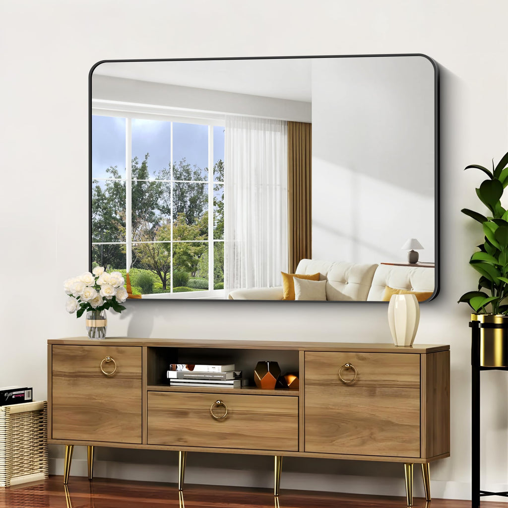 Bathroom Mirror, 48x36 inch Black Rectangle Wall Mirror, Metal Frame Rounded Corner Vanity Mirror, Large Wall Mounted