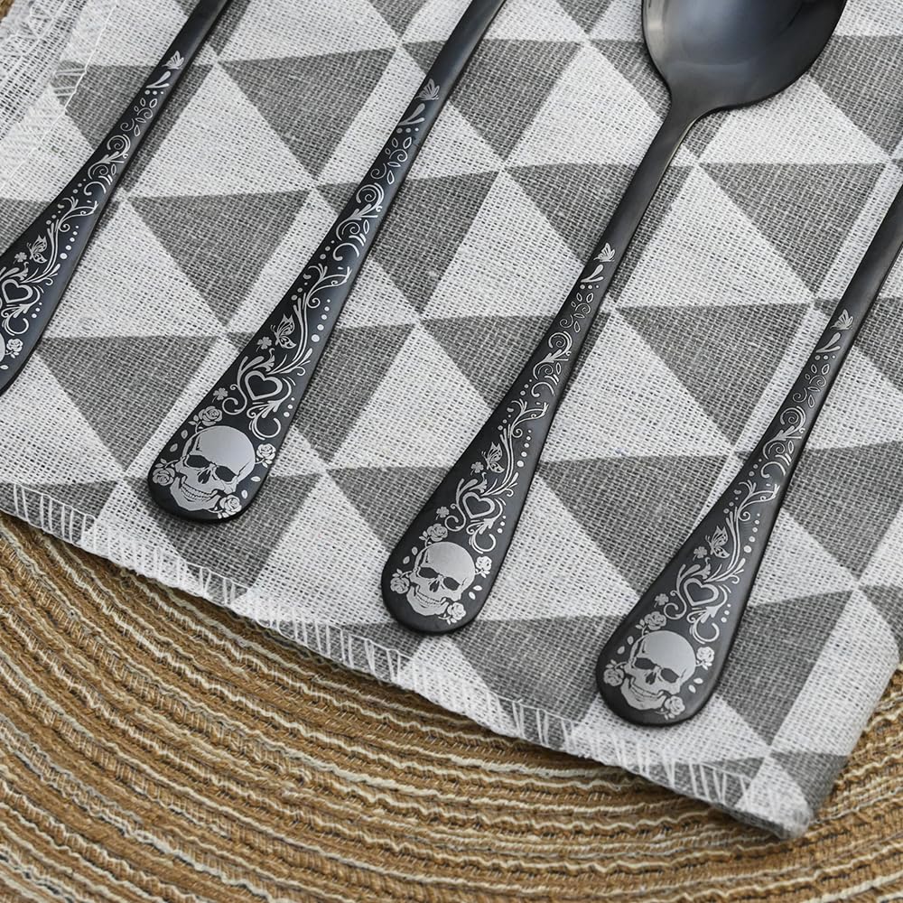 Skull Black Silverware Set for 4, 20-Piece Black Flatware Set, Gothic Skeleton Cutlery for Decoration, Halloween