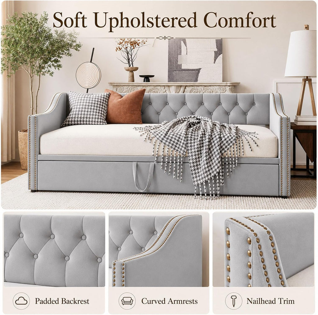 Twin Daybed with Pop Up Trundle, Twin to King Convertible Daybed Frame, Upholstered Daybed with Trundle, Pull Out